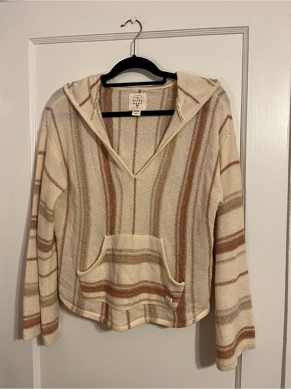 Billabong Cream and Brown Striped V-Neck Hooded Sweater